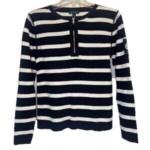 VTG LRL Ralph Lauren Black White Stripe 1/4 Zip Racing Team Patch Sweater Sz XL